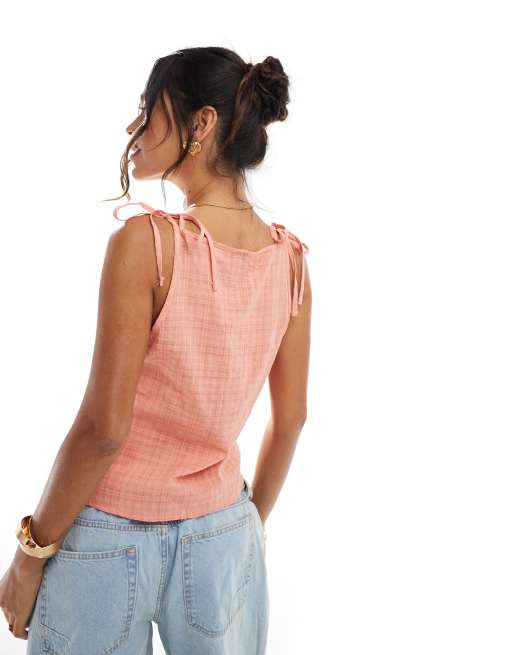 COLLUSION slash neck tank top with tie shoulder in textured check