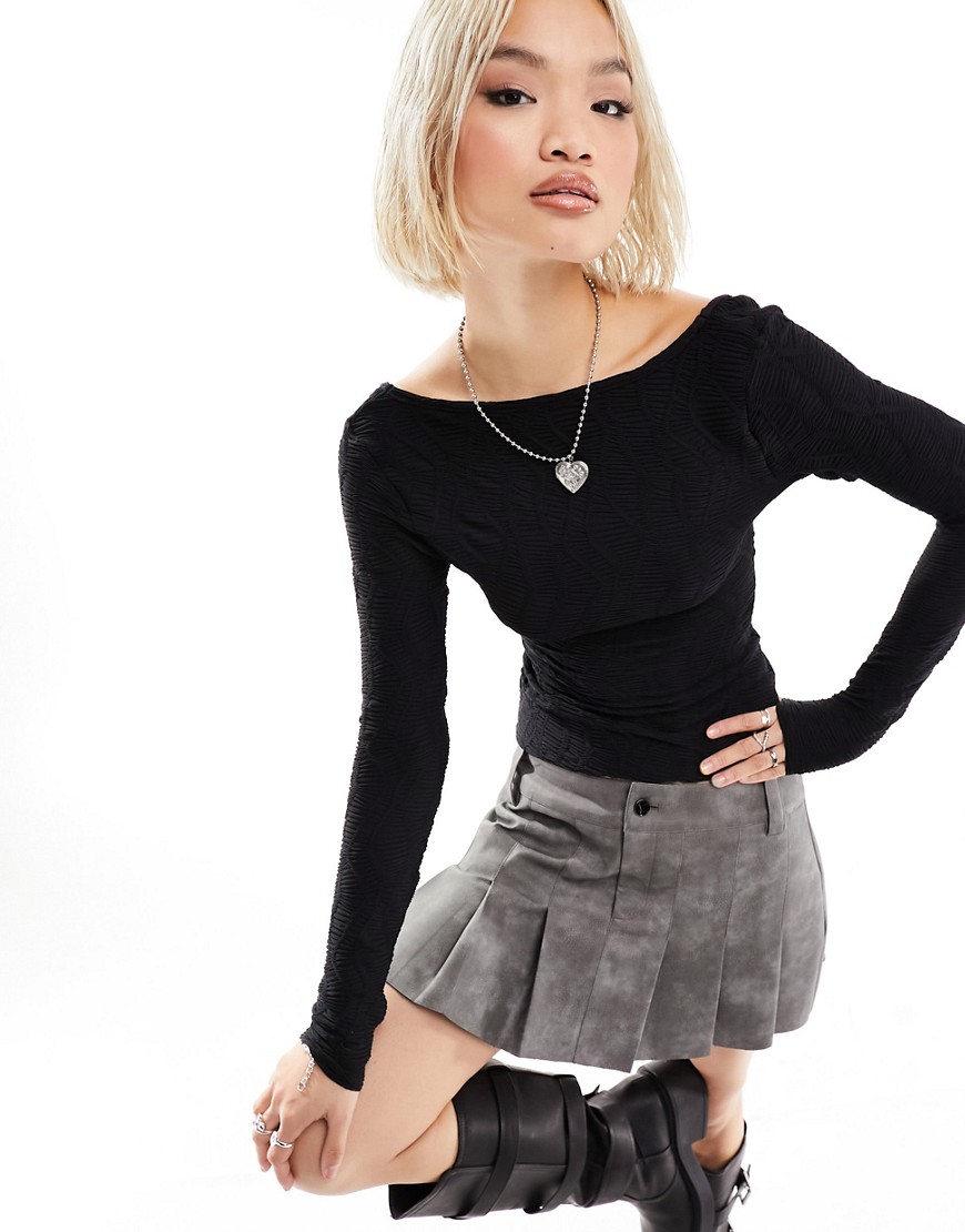 COLLUSION slash neck textured long sleeve top in black