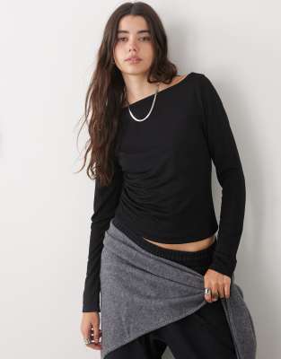 Collusion Slash Neck Textured Long Sleeve Top In Black