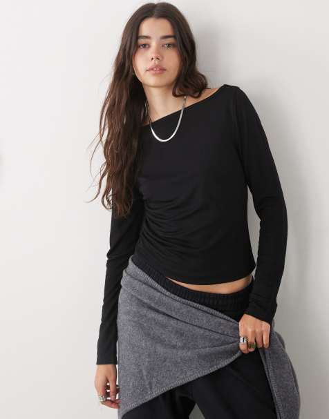 COLLUSION slash neck textured long sleeve top in black - view 1