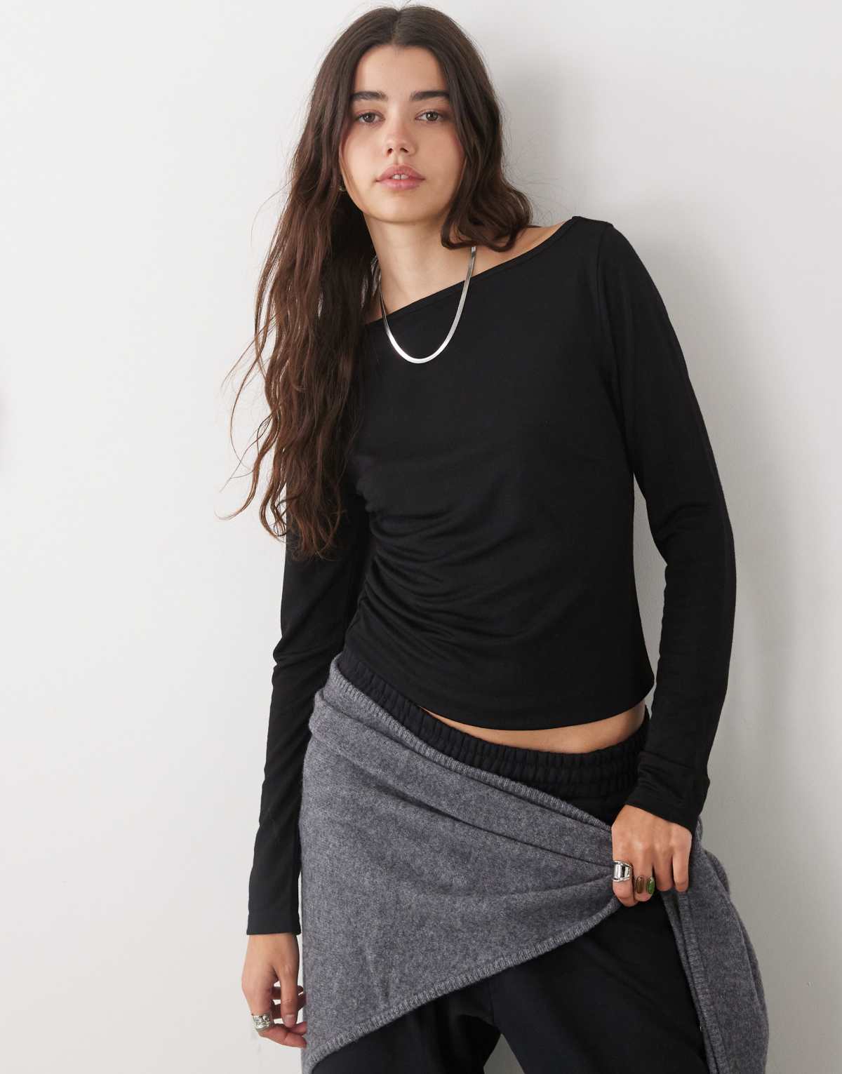 COLLUSION slash neck textured long sleeve top in black