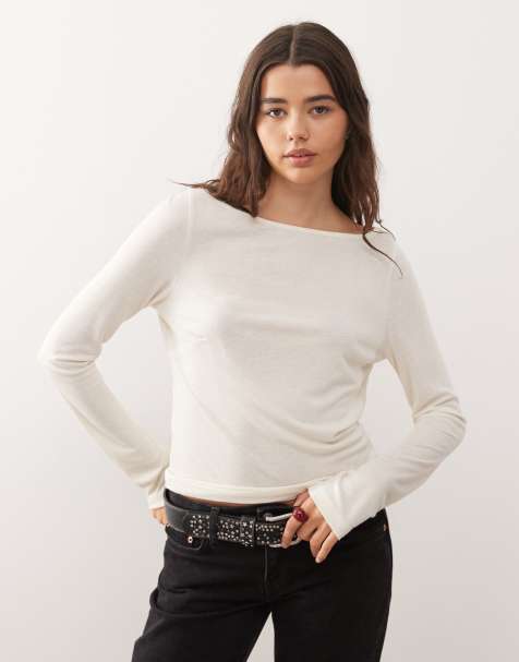 COLLUSION slash neck textured long sleeve top in ecru - view 1