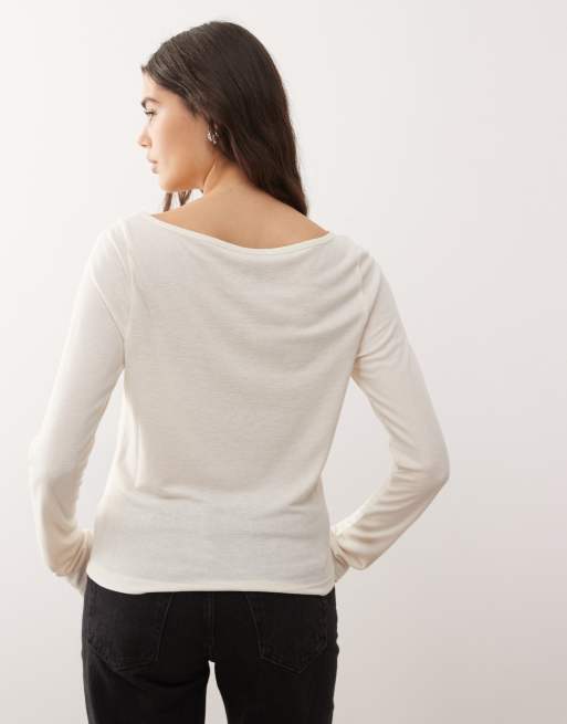 COLLUSION slash neck textured long sleeve top in ecru, 4 of 4