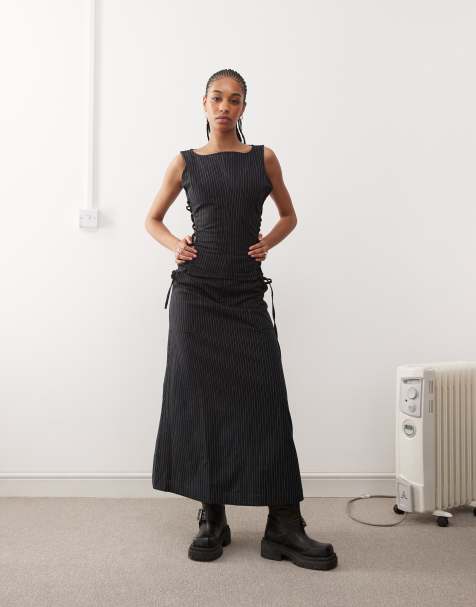 COLLUSION slash neck top co ord with lace up detail in black pinstripe - view 1