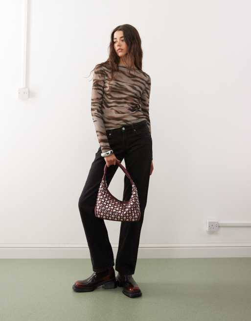 COLLUSION slash neck top in tiger print tissue mesh
