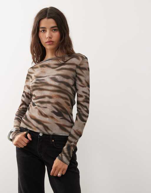 COLLUSION slash neck top in tiger print tissue mesh
