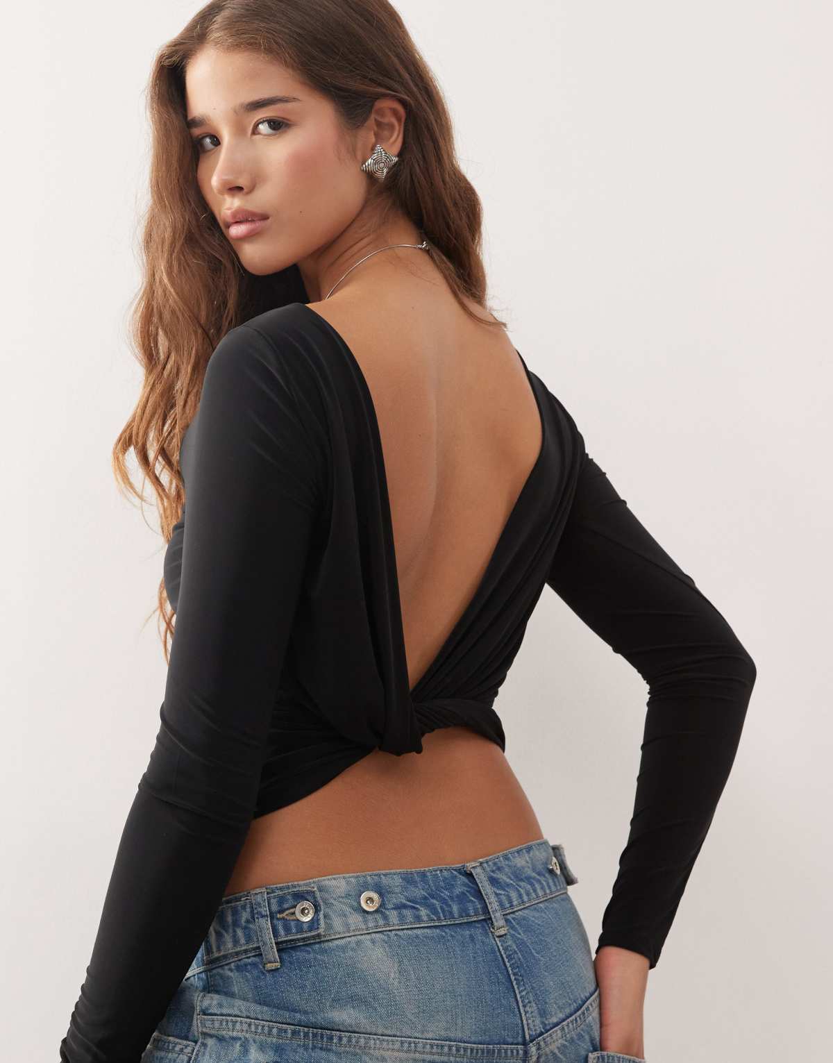 COLLUSION slash neck top with twist back detail in blue