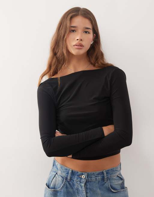 COLLUSION slash neck top with twist back detail in blue, 2 of 4