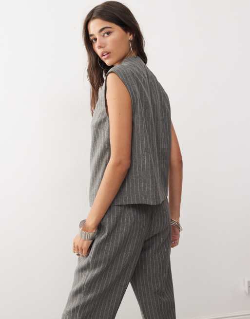 COLLUSION sleeveless clean zip through shirt in charcoal pinstripe - part of a set, 3 of 4
