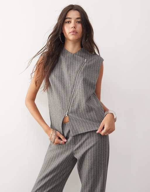 COLLUSION sleeveless clean zip through shirt in charcoal pinstripe - part of a set, 4 of 4