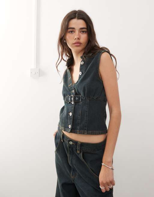 COLLUSION sleeveless denim shirt co-ord in green cast