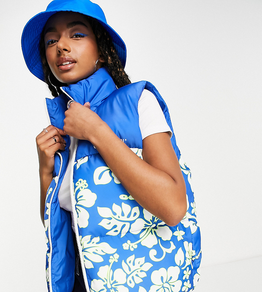 COLLUSION sleeveless puffer gilet with blue floral print