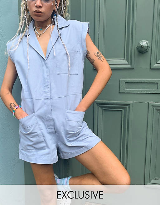 COLLUSION sleeveless sleeve playsuit in washed blue