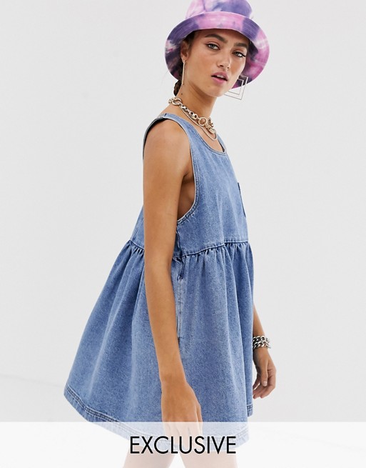 COLLUSION sleeveless smock dress in mid wash blue