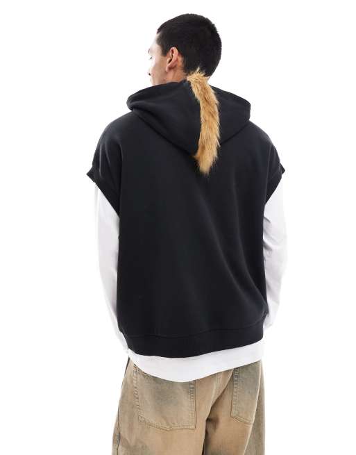 COLLUSION sleeveless vest hoodie in black with faux fur trim hood and print ASOS