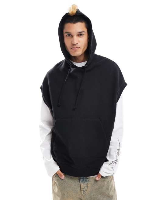 COLLUSION Sleeveless vest hoodie in black with fur trim hood and print ASOS