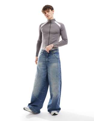 COLLUSION slim fit zip up top with sports detail in gray