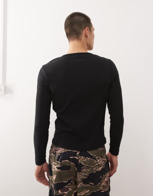 COLLUSION - Sort smal T-shirt med henley-hals, lange ærmer og bindedetalje i mesh