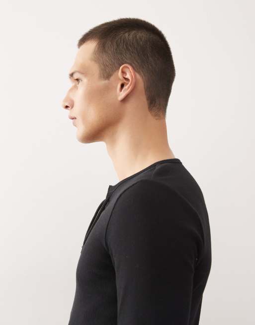 COLLUSION - Sort smal T-shirt med henley-hals, lange ærmer og bindedetalje i mesh