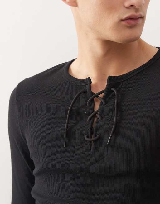 COLLUSION Slim long sleeve henley t-shirt in black with tie detail, 5 of 5