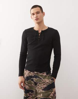 Collusion Slim Mesh Long Sleeve Henley T-shirt In Black