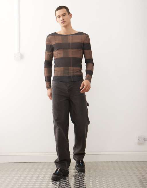 COLLUSION Slim mesh long sleeve t-shirt in check print, 2 of 5
