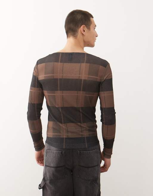 COLLUSION Slim mesh long sleeve t-shirt in check print, 3 of 5