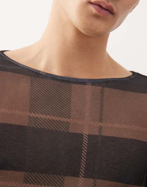 COLLUSION Slim mesh long sleeve t-shirt in check print, 5 of 5