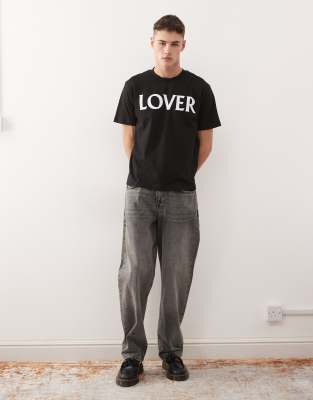 Collusion Slim T-shirt With Lover Print-black In Black