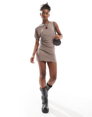 Collusion Slinky Asymmetric Mini Dress In Mushroom-brown