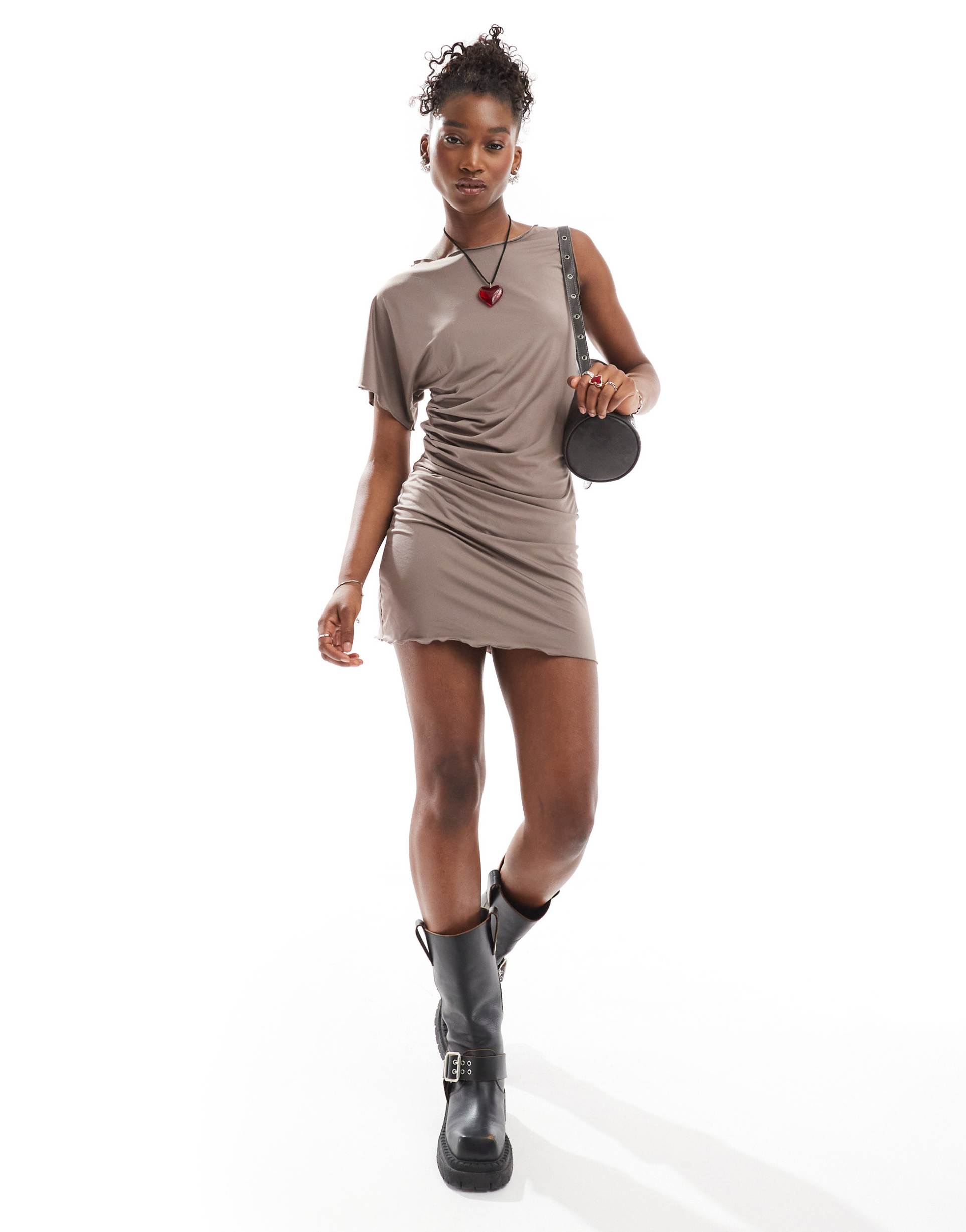 collusion slinky asymmetric mini dress in mushroom