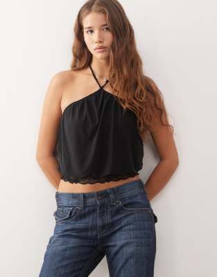 Collusion Slinky Halterneck Top With Lace Trim Detail In Black