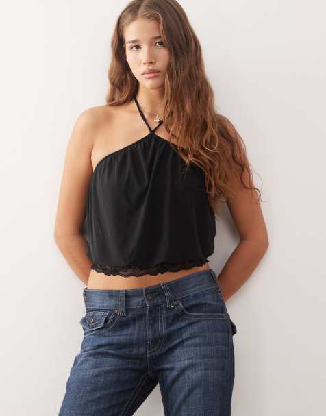 COLLUSION slinky halterneck top with lace trim detail in black - view 1