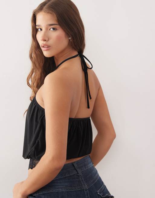 COLLUSION slinky halterneck top with lace trim detail in black, 2 of 4
