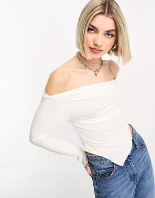 COLLUSION slinky long sleeve asymmetric top in white