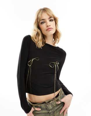 COLLUSION slinky long sleeve slash neck top with ribbon trims in black ...