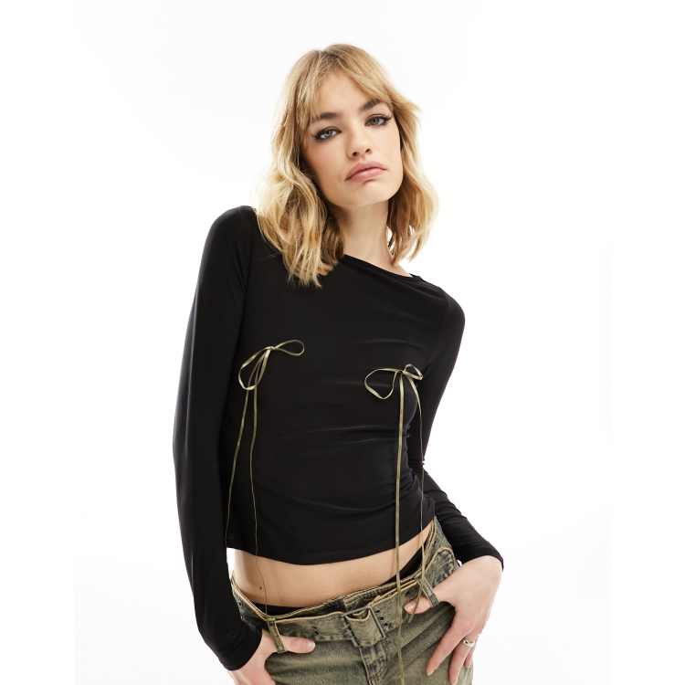 COLLUSION slinky long sleeve slash neck top with ribbon trims in black