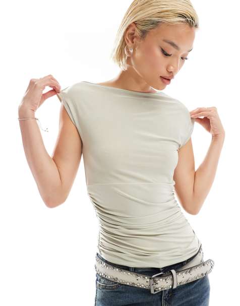 COLLUSION slinky ruched cap sleeve top in brown - view 1