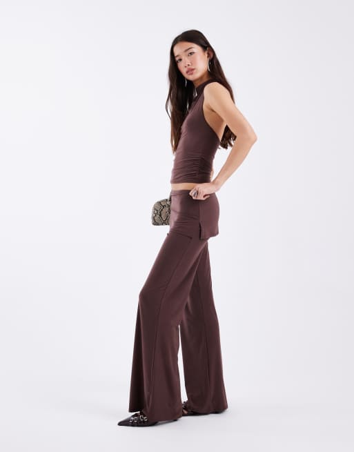 COLLUSION slinky skirt trouser co-ord in deep chocolate, 2 of 5