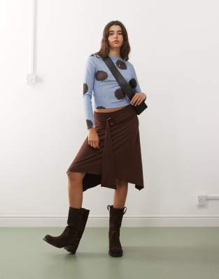 Collusion Slinky Skirt With Ring Detail Tie Waist In Brown