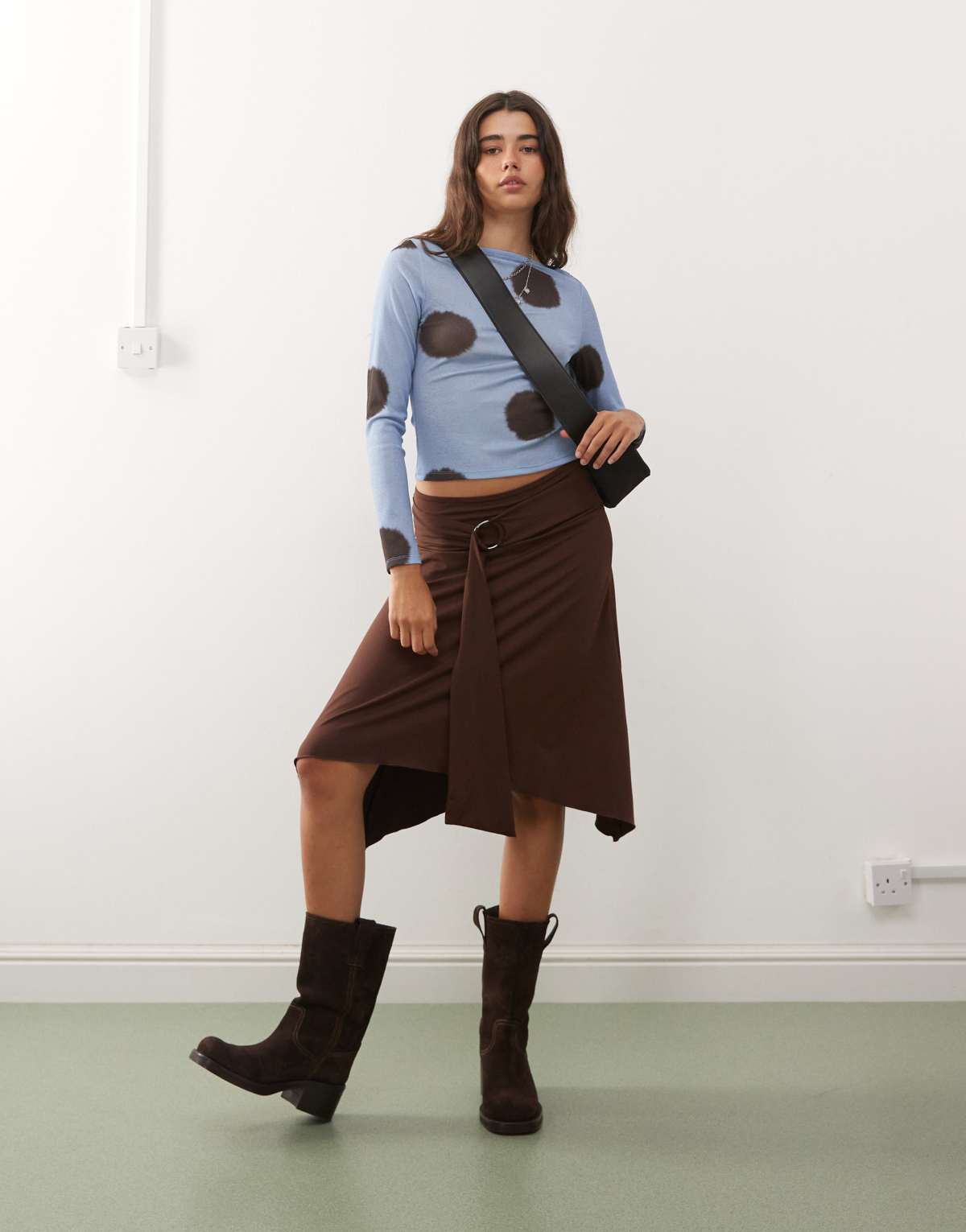 COLLUSION slinky skirt with ring detail tie waist in cherry