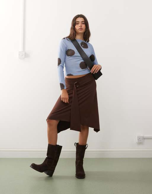 COLLUSION slinky skirt with ring detail tie waist in cherry
