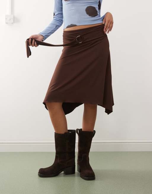 COLLUSION slinky skirt with ring detail tie waist in dark cherry, 4 of 5