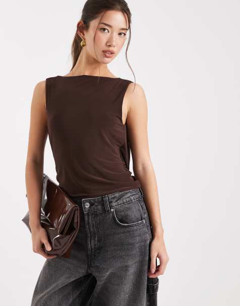COLLUSION slinky twist back slash neck top in chocolate - view 1