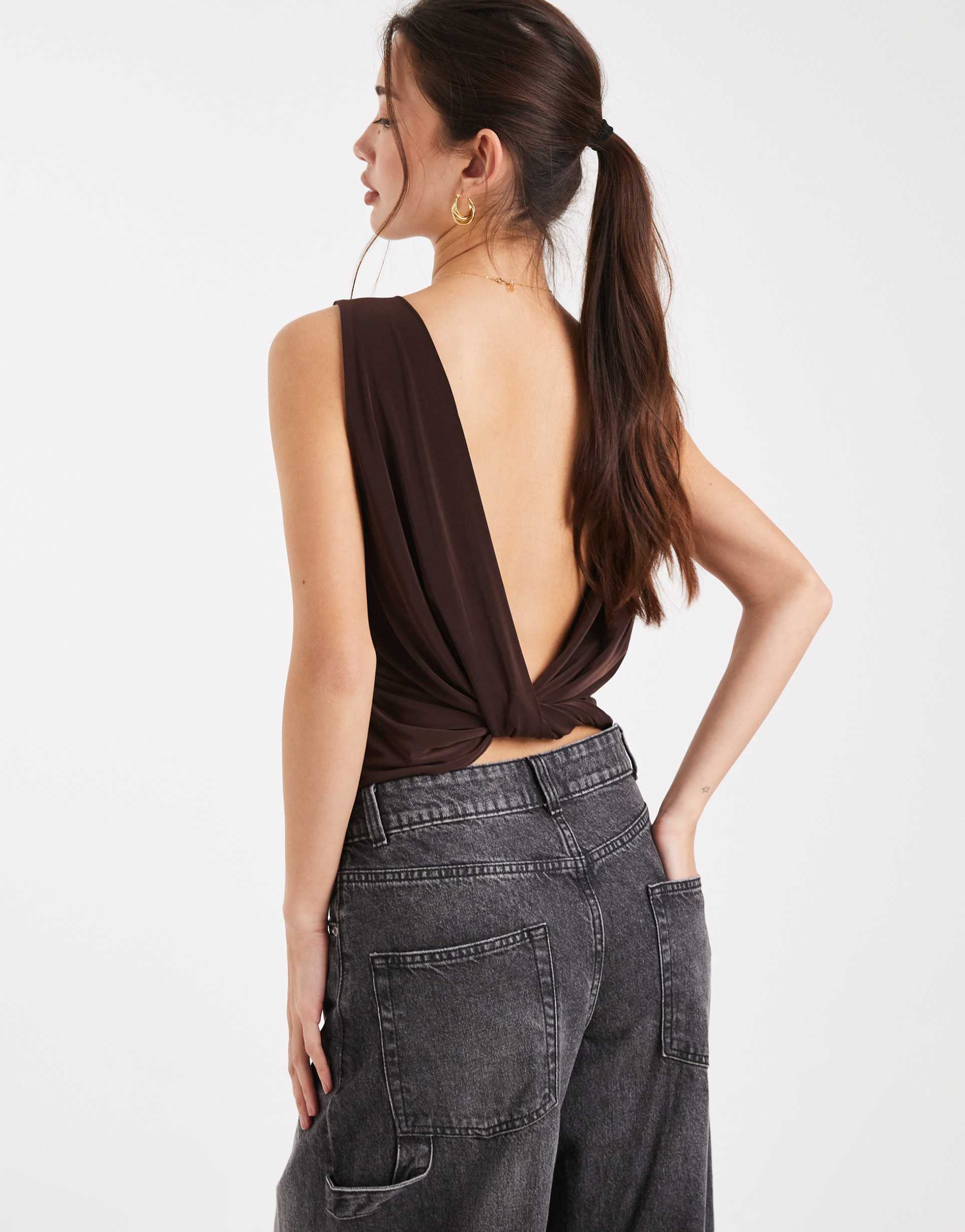 collusion slinky twist back slash neck top in chocolate