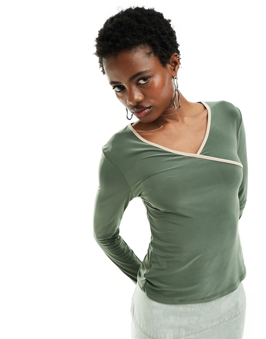 COLLUSION slinky wrap detail long sleeve top in khaki-Green