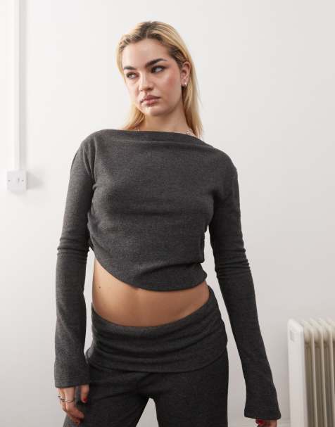 COLLUSION slouch off shoulder cosy top in grey soft touch co-ord - view 1