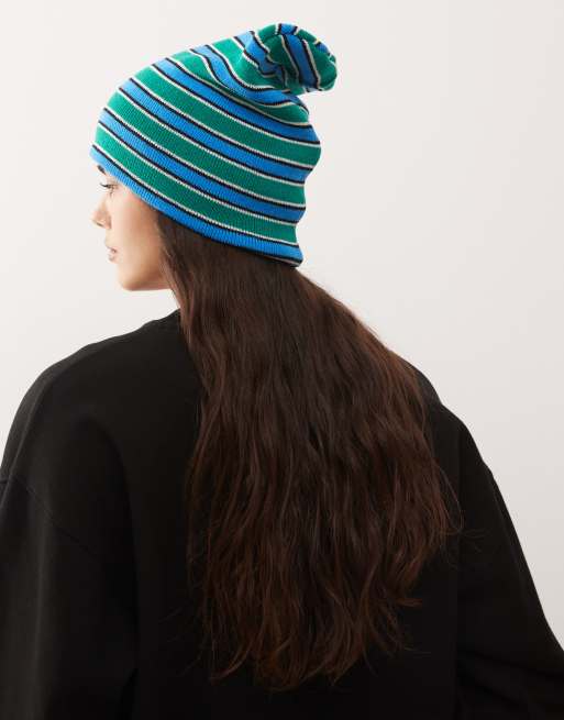 COLLUSION slouchy long beanie in multi stripes