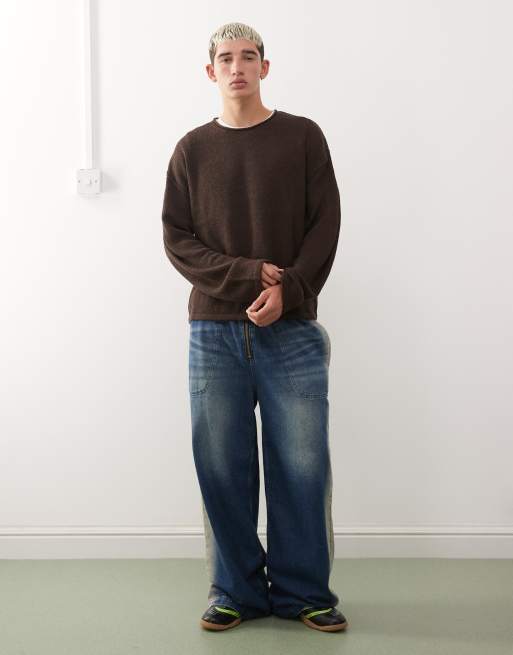 COLLUSION slouchy oversized fine knit sweater in brown , 2 of 5