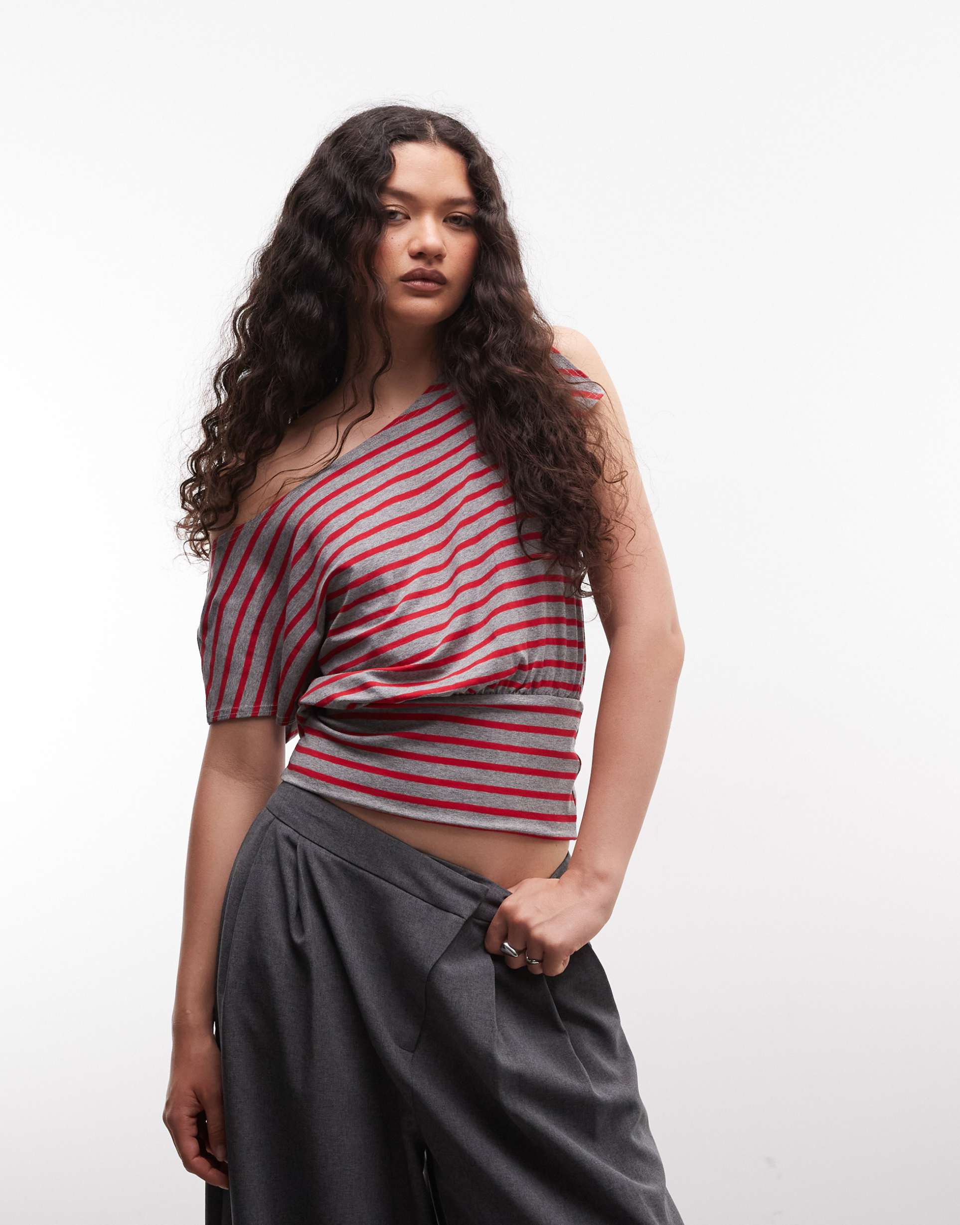 collusion slubby off the shoulder top in red stripes